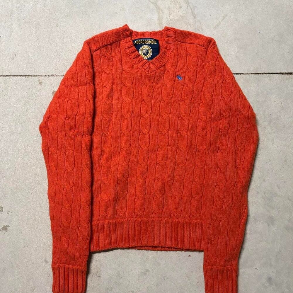 VTG 90s Abercrombie & Fitch 100% Shetland Wool V Neck Sweater Men’s M Orange